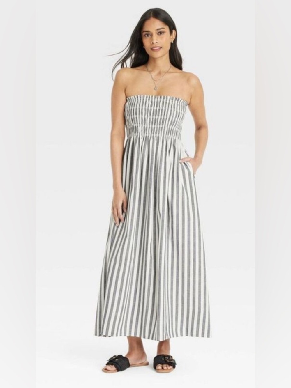 Strapless Smocked Midi A-Line Dress in Gray and White Stripes